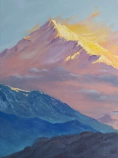 a painting of a mountain in the sunset