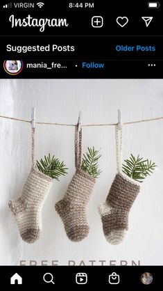 three crocheted stockings hanging on a clothes line with the words instagramn written below them