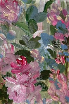 a painting of pink flowers and green leaves