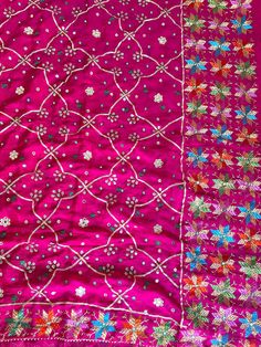 This beautiful pure chinon silk pink phulkari dupatta is a must-have for any wardrobe. This unique piece is handcrafted with intricate phulkari embroidery and gotta patti work, making it truly special item. Pure Chinon Silk 2.5 meter Phulkari gotta patti work Hand embroidered Dry clean Occasion: Festive Dispatched in 1-3 business days Product Note:​ This is a handcrafted product from artisans and producer groups and due to the nature of the product, slight variation in colors or design may occur Pink Semi-stitched Traditional Wear For Festival, Bohemian Pink Saree With Cutdana, Semi-stitched Bohemian Pink Saree, Pink Semi-stitched Bohemian Saree, Pink Bohemian Semi-stitched Saree, Pink Raw Silk Traditional Wear With Dori Work, Pink Raw Silk Saree With Dori Work, Pink Raw Silk Traditional Wear For Navratri, Pink Raw Silk Dupatta