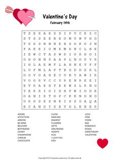 the valentine's day word search is shown in this printable activity for kids