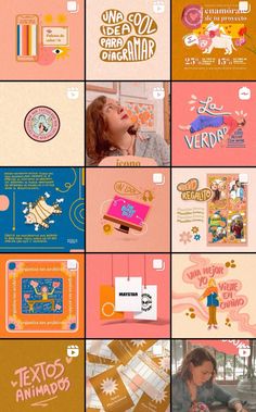 the collage has many different images on it, including an orange and pink background