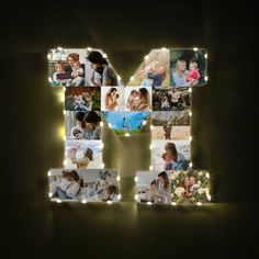 the letter m is made up of many photos and string lights in front of it