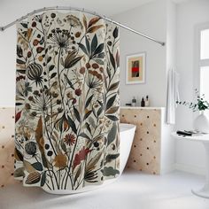 the shower curtain is decorated with an image of wildflowers and other flowers on it