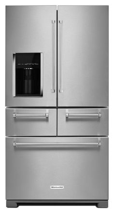 a silver refrigerator freezer sitting next to each other on a white background with the door open