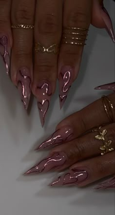 Inspo Pink Stilettos Nails, Gold Shiny Nails, Nail Designs Stiletto Almond, Valentines Nails Designs Stilettos, Long Almond Nails Designs Ideas, Stalitoes Nails Design, Cheetah Nails Stiletto, Cat Eye Nails Stiletto, Nail Stiletto Design