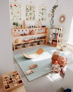 a child's room with toys and bookshelves on the walls, carpeted floor