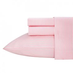 the pink and white striped sheets are folded together