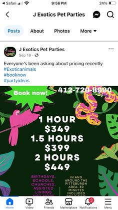 an iphone screen with the text'exotic pet parties'on it and two birds