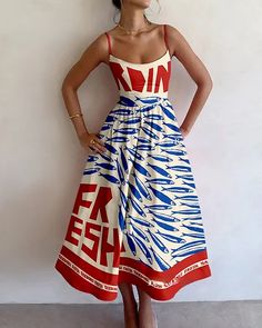 Print Patterns Fashion Design, Fish Print Dress, Red Dress Outfit Ideas, Fun Dresses, Fish Dress, Fish Motif, Strappy Dress, Navy Midi Dress, Suspender Dress