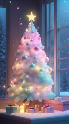 a brightly lit christmas tree in front of a window