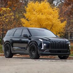 a black suv parked in front of some trees