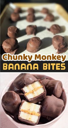 chocolate covered bananas are in a bowl with the words chunk monkey banana bites on it