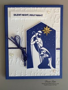 I love the simplicity of the Peace to You stamp set from Stampin' Up. There is nothing more peaceful than the birth of Jesus on that first Christmas. This card is made from the Orchard Oasis cardstock and the Starry Sky Woven Metallic Ribbon. Embossing Folder is the Merry Melody 3D embossing folder. Please visit my website by clicking on the picture for complete instructions. Merry Christmas Greeting Cards, Nativity Christmas Cards, Christian Christmas Cards, Merry Christmas Cards, Simple Christmas Cards, Merry Christmas Card Greetings, Homemade Christmas Cards