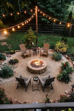 Backyard Patio Designs Rustic, Outdoor Gravel Area, Fire Pit Off Of Deck, Outside Fire Pit Area, Pebble Stone Fire Pit Area, Garden Simple Design, Lighting For Fire Pit Area, Easy Diy Fire Pit Area, Arbor Fire Pit