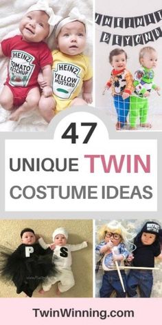 four photos with the words unique twin costume ideas on them, including two babies and one baby