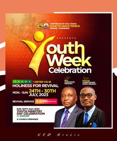 an event poster for the youth week celebration with two men in suits and ties, standing next to each other