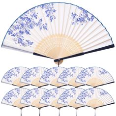 six blue and white fan with floral designs