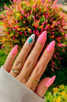 Pink French Tips, Nails With Flowers, Neon Beach, Bright Nail Designs, Pink Summer Nails, Cute Pink Nails