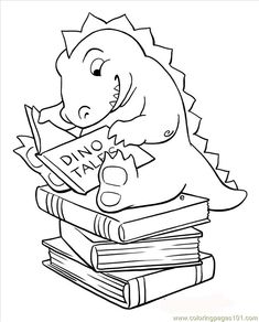 a dinosaur reading a book while sitting on top of a pile of books with the words dino