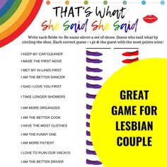 7 Fun LGBT Bridal Shower Games That Make Your Day Truly Epic Lesbian Wedding Games, Lesbian Bachelorette Party Games, Gay Bachelorette Party Ideas, Bridal Luncheon Menu, Lesbian Bridal Shower, Bride Games