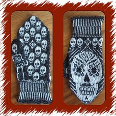 two knitted mittens with skulls on them, one is black and the other is white