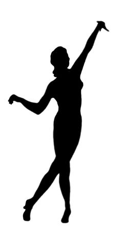 a woman is dancing in the air with her arms up and legs spread out, silhouetted against a white background