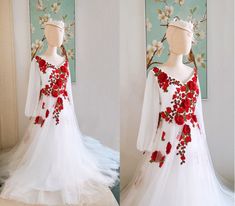 two pictures of a white dress with red flowers on the front and back, one is long sleeved