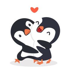 two penguins hugging each other with a heart in the background