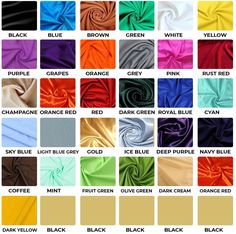 different colors of satin fabric with the names and description in each color, including black, white