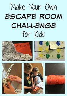 the cover of make your own escape room challenge for kids, with pictures of people working on