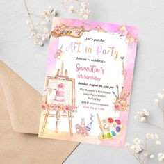 a birthday party card with an easel and flowers