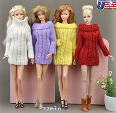 three barbie dolls in knitted sweaters and boots with text overlay that reads knitting patterns for fashion dolls