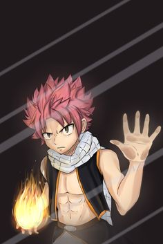 an anime character with pink hair holding his hand up in front of the camera and flames behind him