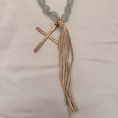 Nwt Ayla Blue With Cross Necklace 26 Sea Glass Beads On Deerskin Leather Cord With Brass Cross Blessings In Disguise, Black Lace Necklace, Sea Glass Beads, Red Beaded Necklaces, Crystal Heart Pendant, Lace Necklace, Golden Necklace, Silver Bead Necklace, In Disguise