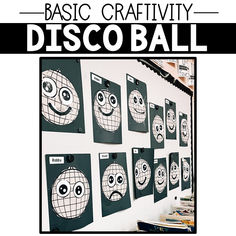 a wall with some pictures on it and the words basic craftivity disco ball written in black