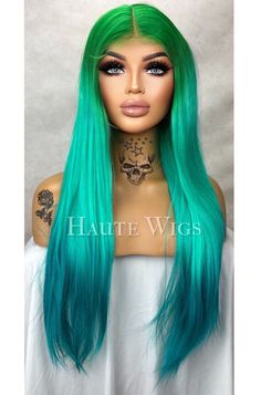 ❤️ 28 Inch Ombre Bright Neon Green Teal Turquoise Blue Gradient Wig.  Lace Front.  Long And Straight. Human Hair Blends Wigs. Fixed Center Parting. ❤️ Our Luxury Wig Is Made From The Highest Grade Of Synthetic Fibers Mixed With Premium European Human Hair For An Outstanding Wig. She Is Heat Resistant 130-160oC (266-320oF). She Should Never To Be Dyed Or Bleached. So Beautiful ! A Head Turner ! ❤️ Medium Inner Wig Cap Size With Adjustable Straps And 3 Combs For Extra Security. This Wig Will Look Wig Lace, Wildest Dreams, Teal Turquoise, Blue Gradient, Bleu Turquoise, Straight Human Hair, Wig Cap, Neon Green, Turquoise Blue