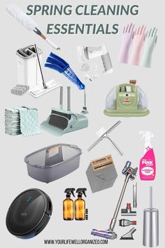 various household cleaning products are shown with the words spring cleaning essentials written below them