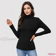 Qteee - Solid Color High Neck Long Sleeve Knit Slim Fit Top Casual Fine Knit Turtleneck, Casual Fitted Knitted Turtleneck, Casual Fitted Knit Turtleneck, Fitted Casual Knitted Turtleneck, Casual Stretch Fine Knit Turtleneck, Fitted Knitted Casual Turtleneck, Casual Knit Turtleneck Tops, Casual Stretch Tops For Winter, Fitted Knit Casual Turtleneck