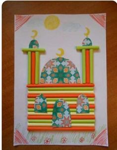 this is an image of a card made with paper and colored pencils in the shape of a mosque