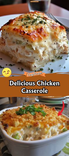 delicious chicken casserole is served on a white plate