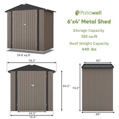 the 6x4 metal shed is shown with measurements for each side and roof height