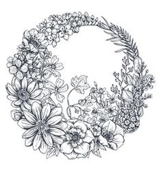 a wreath with flowers and leaves in the middle on a white background, hand drawn