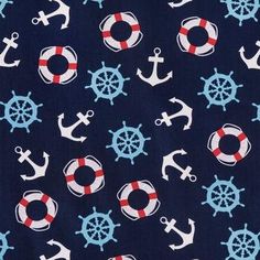 a blue background with white and red anchors, life preservers and steering wheel on it