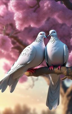 two white birds sitting on top of a tree branch with pink flowers in the background