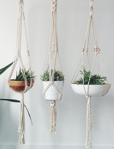 three hanging planters with plants in them, one is white and the other is brown