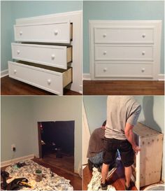 four different shots of a man working on an unfinished dresser in his bedroom, and then painting the drawers