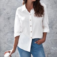 White Button Up Boyfriend Oversized Shirt Xs S M L, 100% Polyester, Ships In 7-8 Days White Tops With Roll-up Sleeves For Everyday, Casual White Blouse With Buttons, Trendy Cotton Blouse With Buttons, Trendy White Button-up Blouse, Casual White Tops With Roll-up Sleeves, White Casual Top With Roll-up Sleeves, White Casual Tops With Roll-up Sleeves, White Oversized Buttoned Top, Oversized Cotton Blouse With Buttons