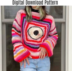 a woman wearing a colorful sweater with an eye in the center and text overlay that reads, digital download pattern