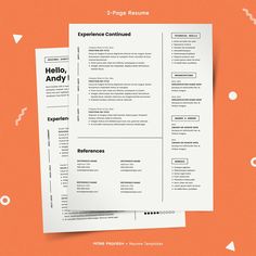 two resumes on top of each other in front of an orange and white background